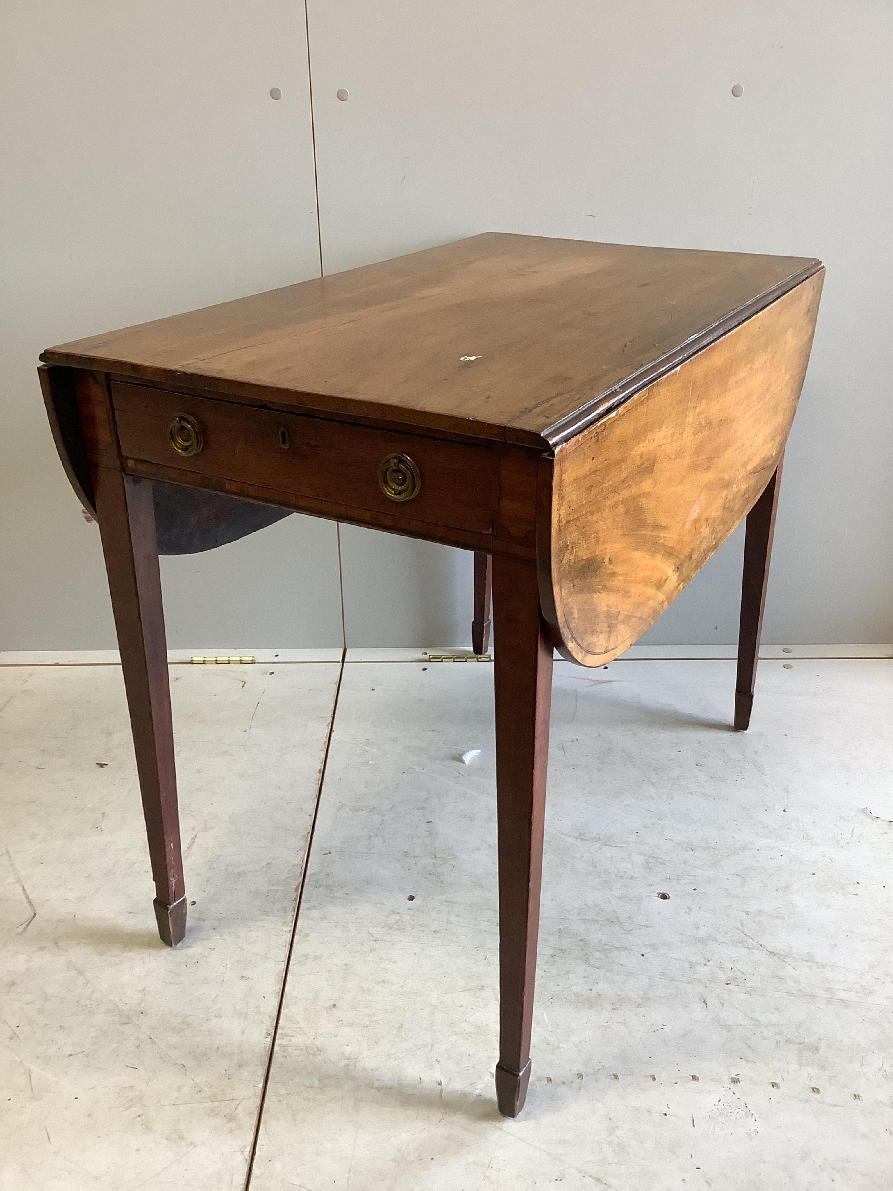 A George III mahogany single drop leaf table, width 90cm, depth 46cm, height 72cm. together with a George III mahogany Pembroke table. Condition - poor